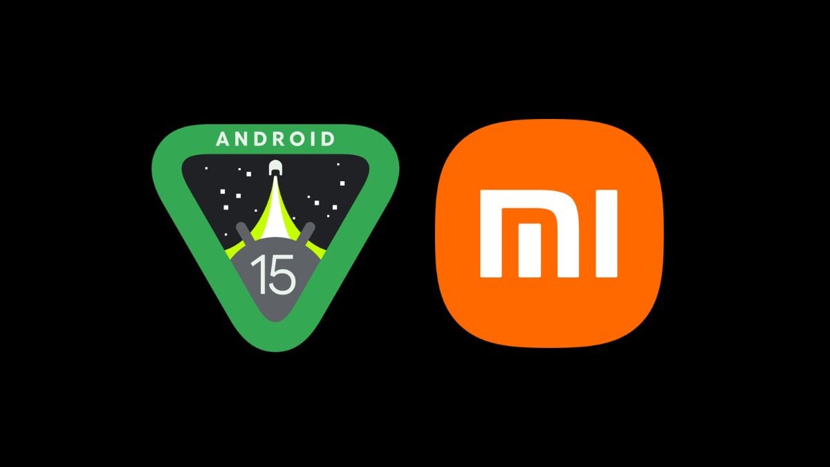 loghi android 15 e xiaomi per annunciare la beta 1 del sistema operativo su sfondo nero