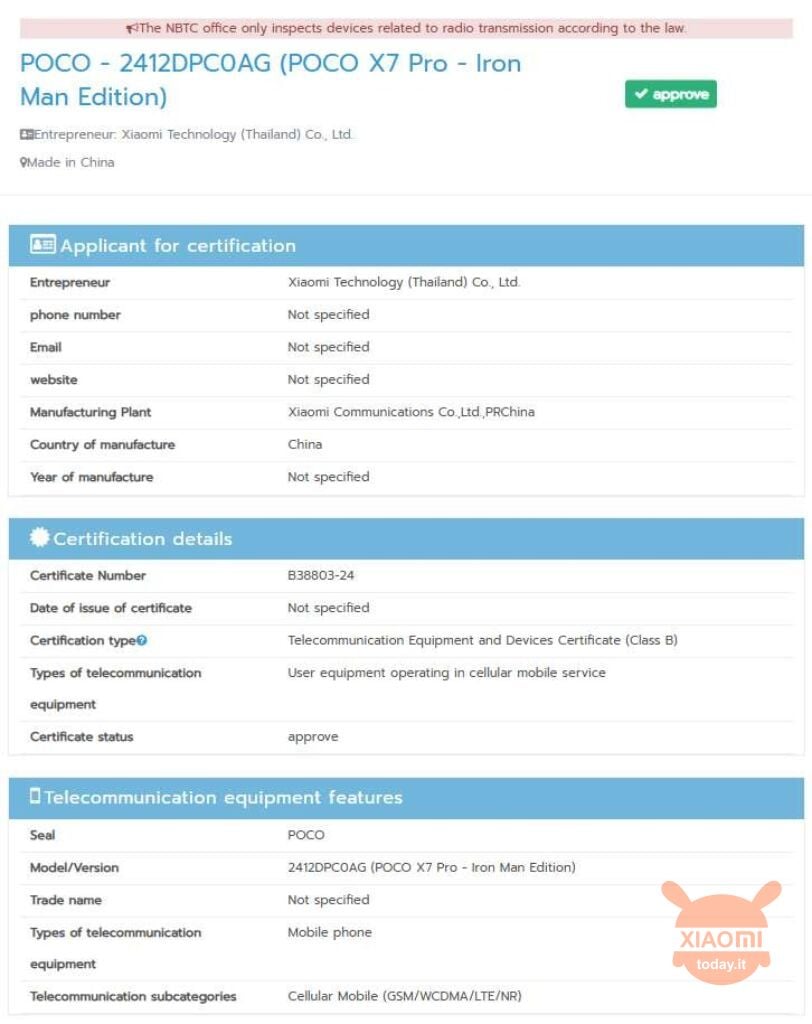 la certificazione di poco x7 pro iron man edition con tutti i dati relativi al dispositivo