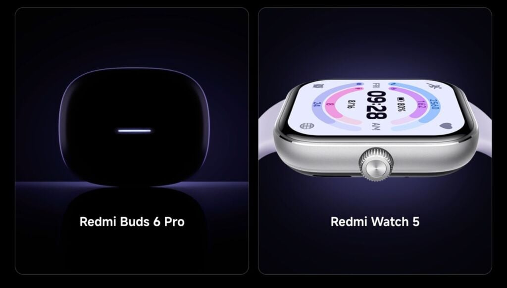 le cuffie redmi buds 6 pro e lo smartwatch redmi watch 5 su sfondo blu scuro